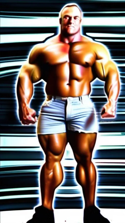 Prompt: Big man morph bare bodybuilder   american giant bodybuilder with enormous pecs and arms and giant beefy legs
