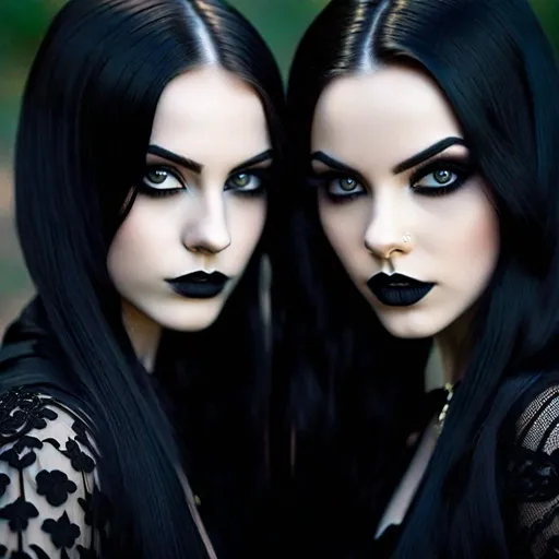 Prompt: Create a professional, high-quality close-up photographic portrait of gothic-style identical twin girls, with their pale faces detailed and expressive. Their long, thin, black hair should frame their faces, adding to the overall aesthetic.

They are seen face-to-face, their heads pressed together, turned towards the camera, their piercing gazes meeting the lens directly. Their intense dark makeup should highlight their eyes and lips, contrasting starkly against their pallid skin tones.

Their gothic aesthetic should be elaborated upon meticulously - from the black eyeliner and mascara, the dark lipstick, to the perfectly applied pale foundation. The makeup should be used to accentuate their symmetrical features and ethereal beauty. Their long black hair should fall naturally, giving them an enigmatic and mesmerizing aura.

Use soft yet dramatic lighting to highlight their faces, casting the rest of the frame into shadow. The illumination should enhance the gothic ambiance, creating a chiaroscuro effect that defines their features and amplifies the stark contrast between their makeup and complexion.

Despite their identical appearances, strive to capture the subtle differences that make them unique. This can be in the slight variation of their expressions or how the light and shadow play differently on their faces.

This portrait should not only emphasize their gothic aesthetic but also evoke a sense of connection and individuality. The image must portray their shared identity as twins, yet each one's distinct personality. A perfect blend of sameness and difference, darkness and light.