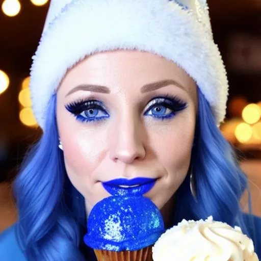 Prompt: Kellyanne conway, Kristen Bell, Kayleigh Mcenany eating frosty blue cake together, inside temple bakery,  blue lipstick, pleasant face, blue eyes, Black eyeshadow, Sugar Hat, extremely large ice cream earrings. Wide Blue heart necklaces, Cold color scheme, ultradetailed, 8k resolution, perfect, smooth, high quality, shiny. 