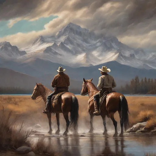 Prompt: Two cowboys riding horses near a lake with a snowy mountain in the background, westernpunk, oil painting, rugged terrain, vintage cowboy hats, dusty atmosphere, dramatic lighting, high quality, detailed horses, scenic landscape, wild west vibes, rustic color palette, atmospheric clouds, detailed boots