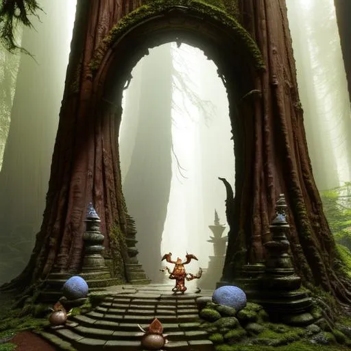 Prompt: In the depths of the redwood forest was a great stone moon gate that goblins and gremlins were using to enter our world, detailed scene, digital painting, hyperrealistic, fantasy, Surrealist, by Brian Froud and Stanley Artgrem Lau, artstation, highly detailed, sharp focus, wide angle shot, mystical, stunningly beautiful, dystopian, crimson, black, cinematic lighting, dark
