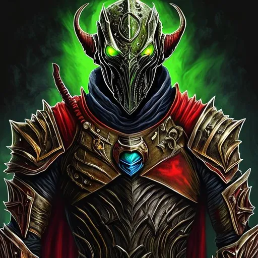 Prompt: 
daedric dremora,  30 year red armor, green fire background, portrait elder scrolls art