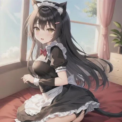 Prompt: neko anime girl maid out fit cat tail and cat ears black hair