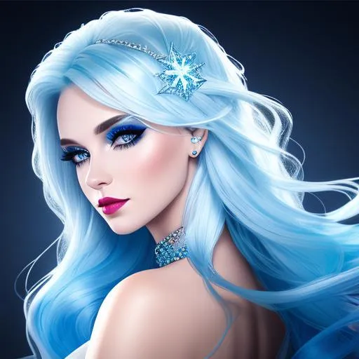 Prompt: Lady with icy blue hair, ice queen, stylish makeup, soft light,  fantasy