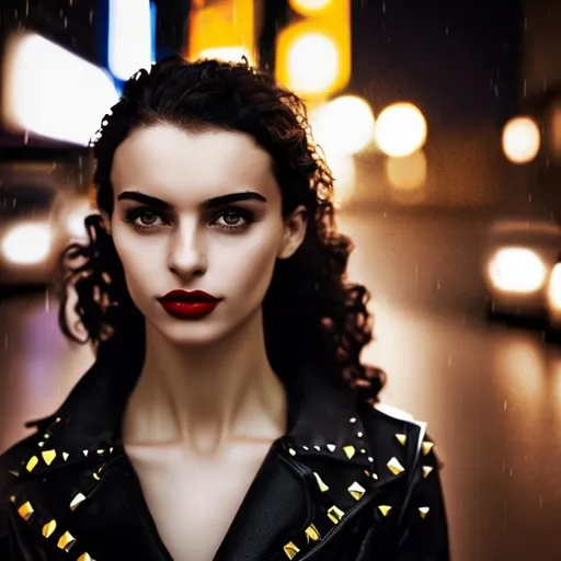 Prompt: Bold and sharp portrait of a Italian girl in light vivid colors, sharp features, medium black short curly hair with a dramatic side sweep, Bright eyeliner and dark lipstick tight silver yellow wet shirt, semi transparent, pale skin, large chest An unusual accessory is a necklace with rivets. city street at night, it is raining