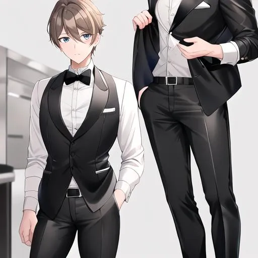 Prompt: Alex 1male. Short light brown hair. Soft and mesmerizing light grey eyes. Wearing a sleek black button-up shirt, paired with tailored black pants and shiny leather shoes. He completes the look with a stylish black vest and a classic black bow tie. UHD, 8K, standing behind a bar counter, blushing