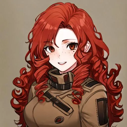 Prompt: Female, red curly hair, freckles, brown eyes