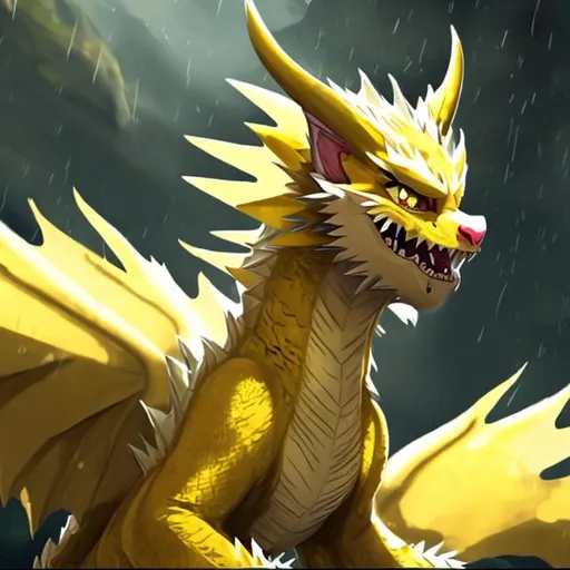 Prompt: A bright yellow dragon with a pale yellow underbelly and a dark gold stripes. He had a giant fur piece on his neck. His wings were pale yellow. He is a dragon with cat ears