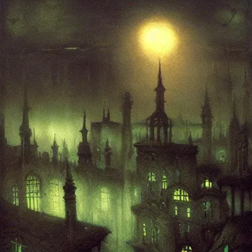 Prompt: Beksinski Steampunk gothic city rooftops at night, fog, dark-green colours, light green windows