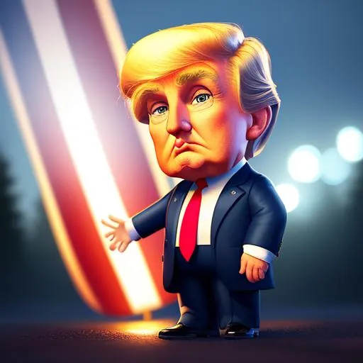 Prompt: Disney Pixar style donald trump with american flag, highly detailed, intricate, big eyes, adorable, beautiful, vivid  dramatic lighting, light shafts, radiant, ultra high quality octane render, night forest background,  bokeh, hypermaximalist