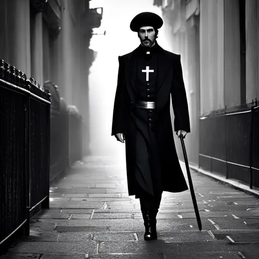 Prompt: monochrome, city, christian bale, skinny, anorexic, starved, catholic priest, fur hat, gothic, scifi