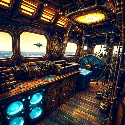 Prompt: small, steampunk spaceschooner, fantasy based, interior, a lot of gears, springs, wheels, details made, colors rusty, brass, gold, blue, worn out, big gravity wheels, space-pirates vessel, very worn out, big glass windows and glass bubbles, massive thrusters, intricate details, flying in space, aggressive design, octane render, vivid colours, backround planets, stars, unreal engine 5, SLR, ray tracing, 8k UktraHD, octane render