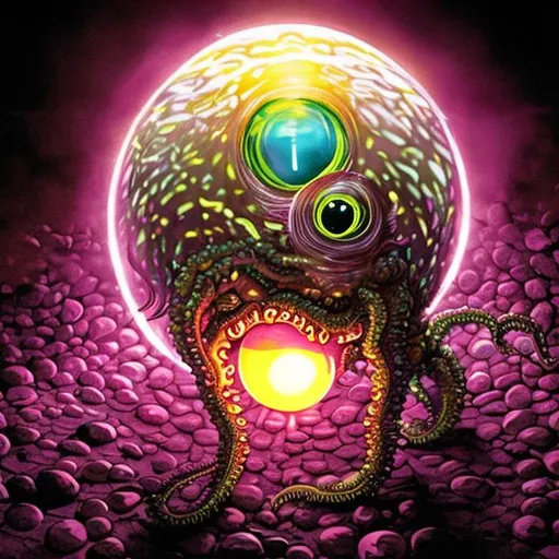 Prompt: lovecraftian creature hatching from a glowing very bright ball of light egg, glowing magenta