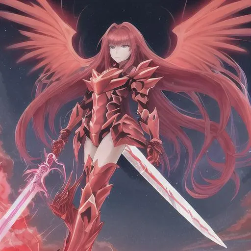 Prompt: butiful electric girl x ray giant sword armour red tall wings long hair aestetic red yellow