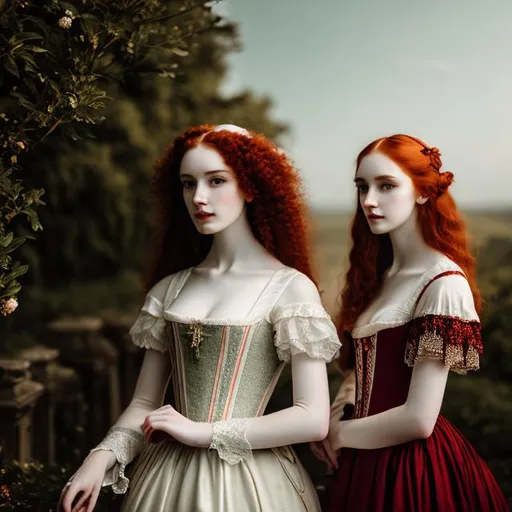 Prompt: Two young woman, red hair, long and curly, pale skin, tall,
18th century aesthetic, ,analog filter, perfect composition, hyperrealistic, super detailed, 8k, high quality, trending art, sharp focus, intricate details, highly detailed