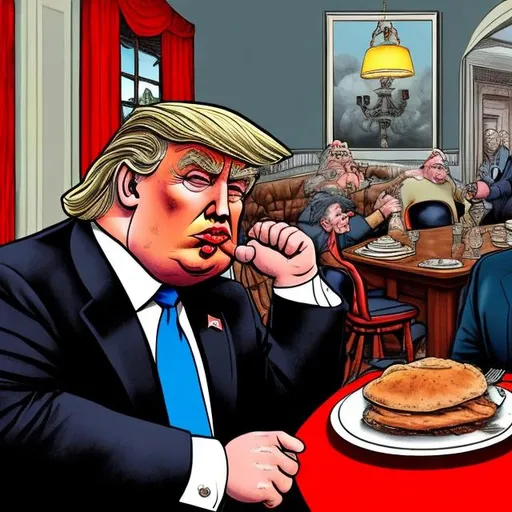 Dark, dank and dim, smokey, Obese Trump at the dinin... | OpenArt