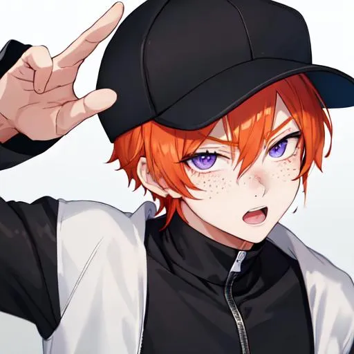 Prompt: Erikku male (short ginger hair, freckles, right eye blue left eye purple) muscular, UHD, 8K, Highly detailed, insane detail, best quality, high quality. hands in the air, wearing a sideways baseball cap, black jacket, black shorts