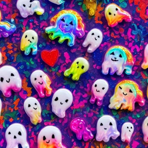 Prompt: Miniature Sequins and ghosts in the style of Lisa frank