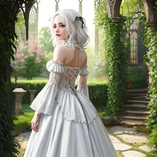 Prompt: Girl, white hair, beautiful, perfect detail, background gothic garden, back to the camera, beautiful dress, UHD, details, draw realistic