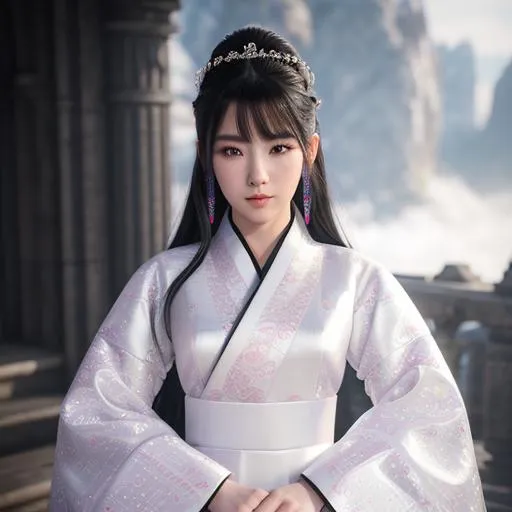 Prompt: Fantasy 64K UHD full body ultra quality ultra sharp focus cinematic photograph stunning realistic beautiful girl k-pop idol KIM JISOO colorful white wedding hanbok dressed 
sparkling jewelry long glowing black hair Isometric intricate artwork detailed unreal engine 5 detailed perfect oval face detailed shining eyes detailed slim nose detailed lips detailed eyelashes mascara wide angle lens 3D octane render movie concept art epic perspective masterpiece 