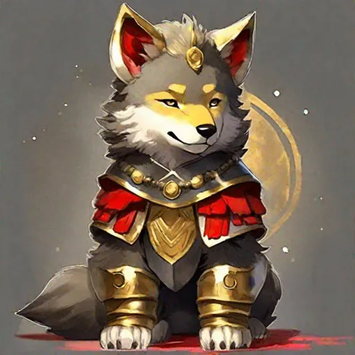 Prompt: Akaviri Potentate Wolf Cub, dark grey fur, golden gladiator-like helm with a red crest, tan fur collar, golden disk pendant, masterpiece, best quality, (in watercolor painting style)