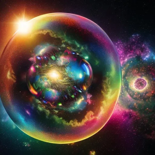Prompt: Masterpiece, 4k, photorealistic, colorful, photorealistic. A molecular universe trapped in a bubble. 