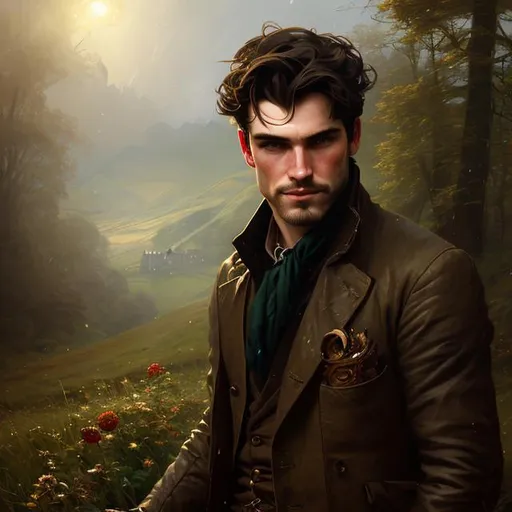 Prompt: Splash art portrait of ruggedly handsome, androgynous, dark brown haired man with short hair, stubble, 30 years old, in the Irish countryside, victorian light clothes, elegant, highly detailed, intricate, smooth, sharp focus, artstation, digital painting, concept art, art by greg rutkowski, alphonse mucha and John William Waterhouse, light, romantic, happy, soft, gentle, golden, warm, summer