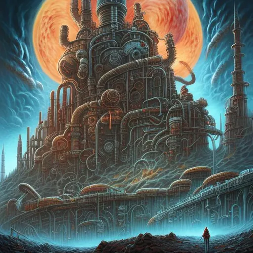 Prompt:  fantasy art style, painting, pipes, tubes, nuclear reactor, power plants, nuclear fusion, nuclear power, nuclear weapons, nuclear bombs, nuclear explosions, mushrooms, mushroom cloud, bombs, torpedoes, misiles, concrete, smog, fog, evil, misiles launching, warship, naval ship, boat, deep ocean, waves