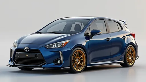 Prompt: 3D designs of vehicles. 2025 Toyota matrix, midnight blue,  gold bronze rims, white brake calipers, kodachrome