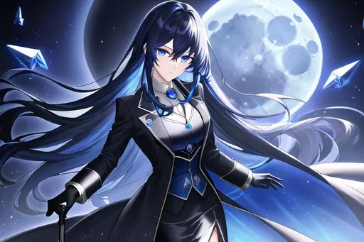 Prompt: masterpiece, best quality, night, blue moon, anime, sci-fi and magic world, adult woman, long hair, black hair, blue highlight, cobalt eyes, black suit,  lapis coat, short skirt, black a-shape skirt, white leather gloves