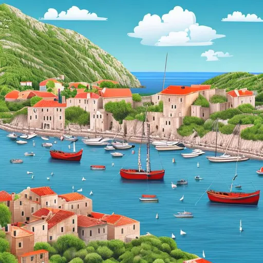 Prompt: Fisherman boats sailing into the port in the morning, realistic detailed illustration. The port is on the island of Cres, Croatia