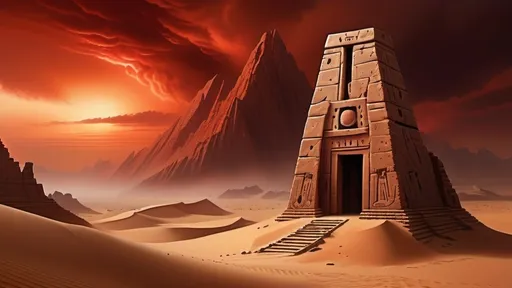 Prompt: ancient ruins in foreground, darkest night, nightmare, carved alien symbols on stone pylons, alien stone bunkers with sloping walls, fortified outpost, ancient megalith architecture, no trees, no bushes, no grass, no leafy vegetation, rocky desert alien planet setting, rocky mountainous region, in the style of frank herbert's dune, stormy night sky filled with red clouds, dust haze, red fog, sand storm, highly detailed, photo-realistic, hyper-real