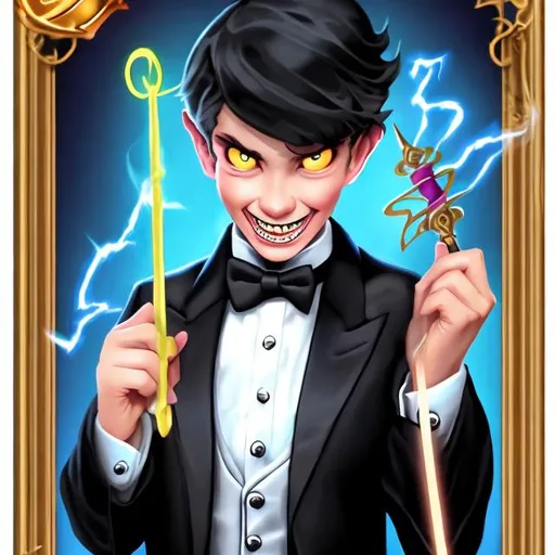 Prompt: 16 year old boy magician boy in a tuxedo with an evil grin holding his magic wand in a threatening manner ready to cast a spell with it