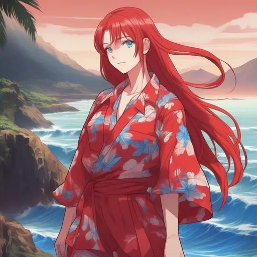 Prompt: Anime Style, young adult female, wearing red Hawaiian shirt, with long blood-red hair, blue eyes, with a red ocean in the background.
