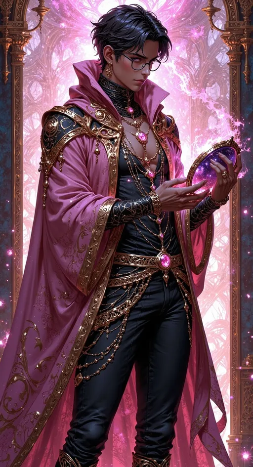 Prompt: ((tall dark skinned skinny adult man)) as a ((magical mesmer trickster)) with ((masculine short brown hair)), round glasses, pink eyes, dressed in ornate pink layered textured revealing trickster clothing, left hand holding ((magic mirror)). he is in the mirror.

pink skies, high contrast lighting, ((wide length camera)), long distance , eye-level shot, left side angle, wide depth of field. film grain, film textures.

Overall feeling of illusions. The background is a high detailed ancient enchanted mirror landscape, filled with reflections.