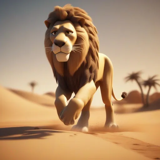 Prompt: A powerful lion striding through the desert, its paw prints leaving a trail in the sand, 3 D render, pixar style