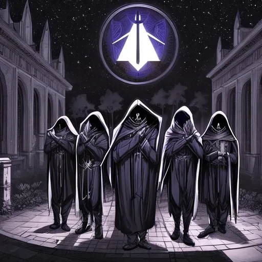 Prompt: a secret society  in hooded uniforms at nighttime