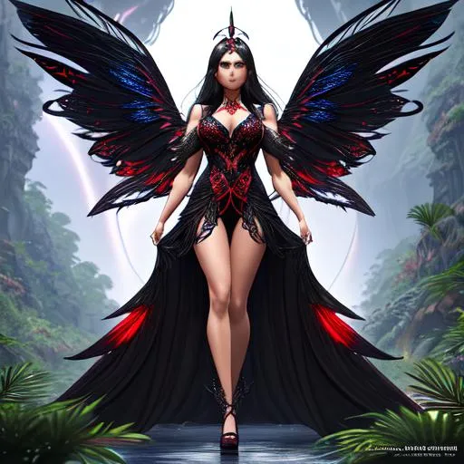 Prompt: (((full body view))) of a beautiful female, muscular body, black and red lace dress, long hair, long symmetrical wings made of pure light. 

A tall ancient iridescent stone spire looming over the middle dense lush jungle with is river that runs through the center. 

D&D, fantasy, intricate, elegant, highly detailed, digital painting, artstation, concept art, smooth, sharp focus, illustration, white eyes with a blue outline, olive skin, cleric