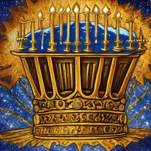 Prompt: A crown is sitting over the Earth with a menorah.