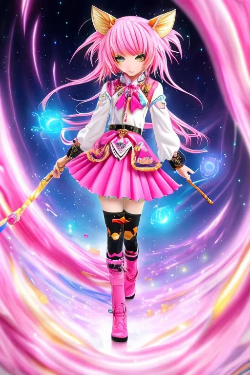 Prompt: anime art, (masterpiece), best quality, expressive eyes, perfect face, full body, 1girl, pink haired fourteen years old girl, dressed in an outfit in shades of pink, wielding a pike with, pink and white chocker with a pink gem, long pink hair, pink eyes, twintails, pink furred fox ears and tail, knee-high pink boots, thigh high white stockings, surrounded by falling flower petals