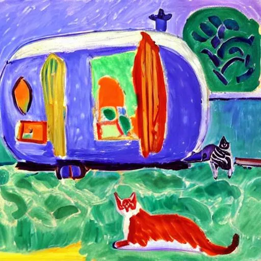 Prompt: henri matisse inspired painting of a cat next to an airstream at dusk


