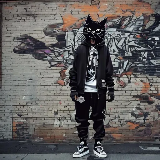 Prompt: Black cat with cool streetwear clothes