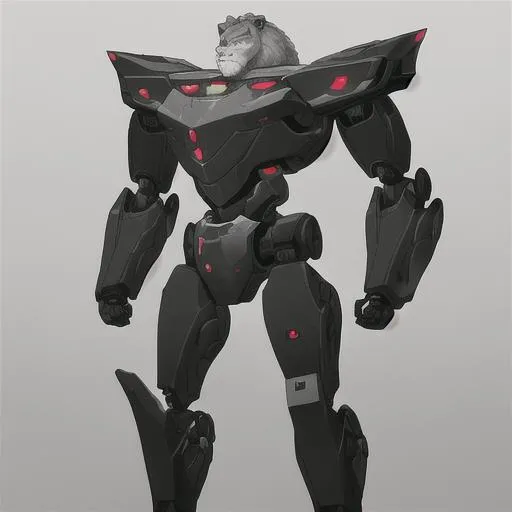 Prompt: A robot with a lions face . The body of the robot , grey , with scars , and bullets piercing through. The outside of the body of the robot is black.A full body picture.