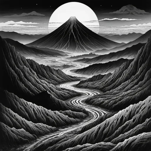Prompt: Dark alien landscape, black and white, Junji Ito, mountains, nature, eerie, night, nightmare