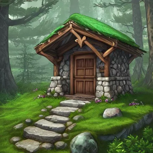 Prompt: A small hut hidden in the middle of a forest with a stone wall in a fantasy style