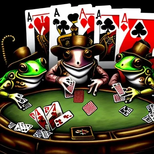 Prompt: steampunk frogs playing poker