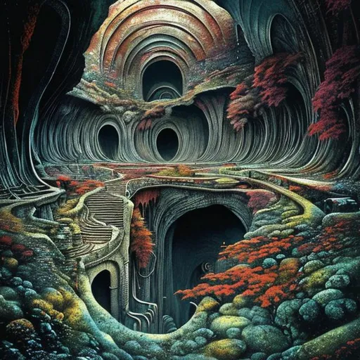 Prompt: Landscape painting, underground city, in a mountain cave, dull colors, danger, fantasy art, by Hiro Isono, by Luigi Spano, by John Stephens