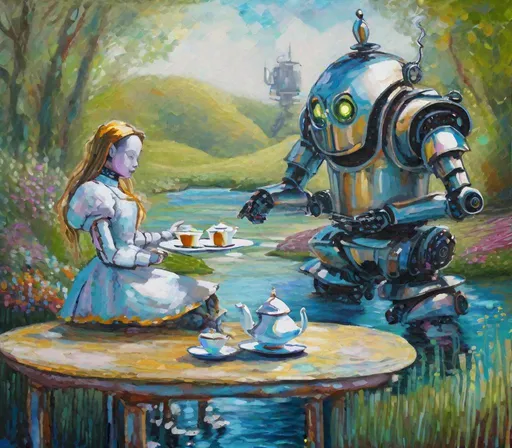 Prompt: A robot that has been turned off having tea for two, with alice form alice in wonderland. While by a river. in the style of monet.