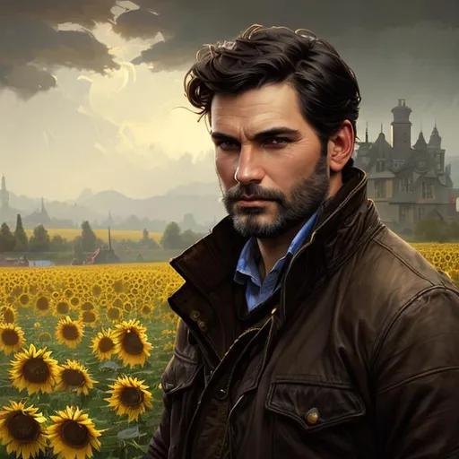 Prompt: Splash art portrait of ruggedly handsome dark brown haired man with short hair, with a light stubble, 30 years old, in a sunflower field, very dark brown eyes, victorian light clothes, elegant, highly detailed, intricate, smooth, sharp focus, artstation, digital painting, concept art, art by greg rutkowski, alphonse mucha and John William Waterhouse, light, romantic, happy, soft, gentle, golden, warm, summer