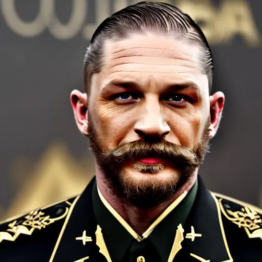 Prompt: tom hardy, walrus moustache, military general, black and gold, golf laurel wreath